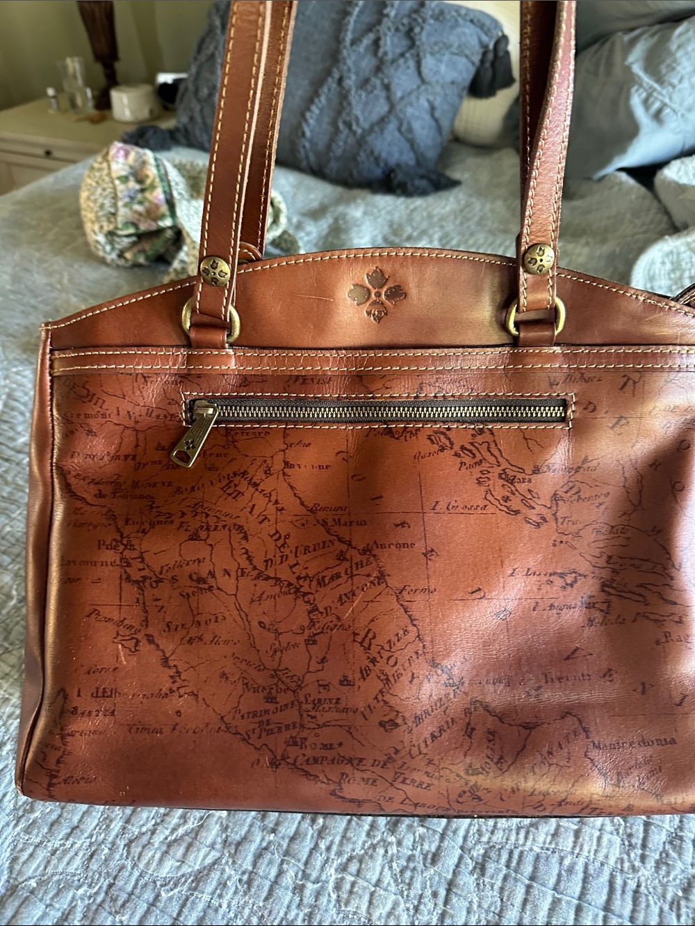 Patricia Nash Brown Map-Print Leather Tote